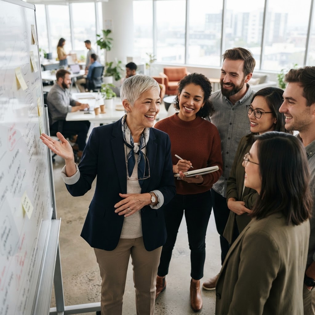 A senior leader mentoring a small team in a collaborative conversation
