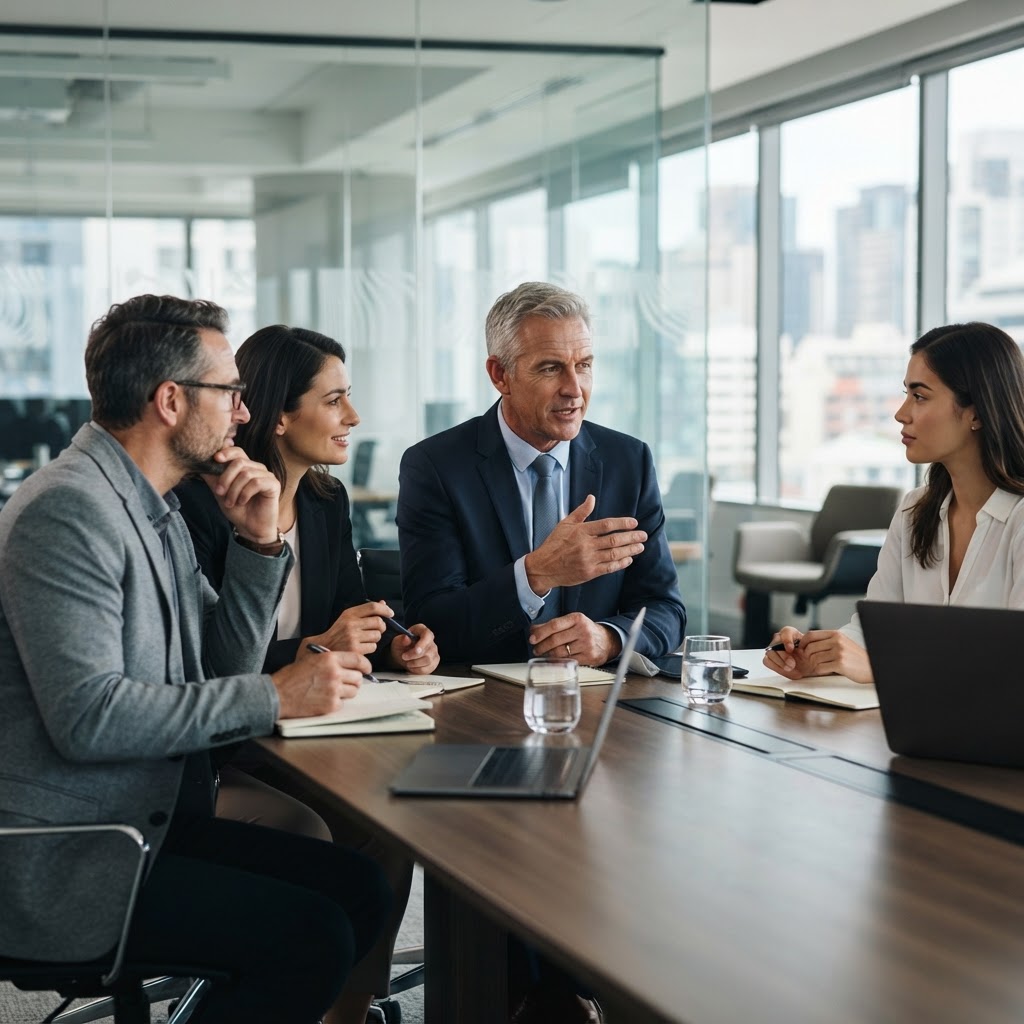 A senior leader actively contributing to a focused discussion with colleagues