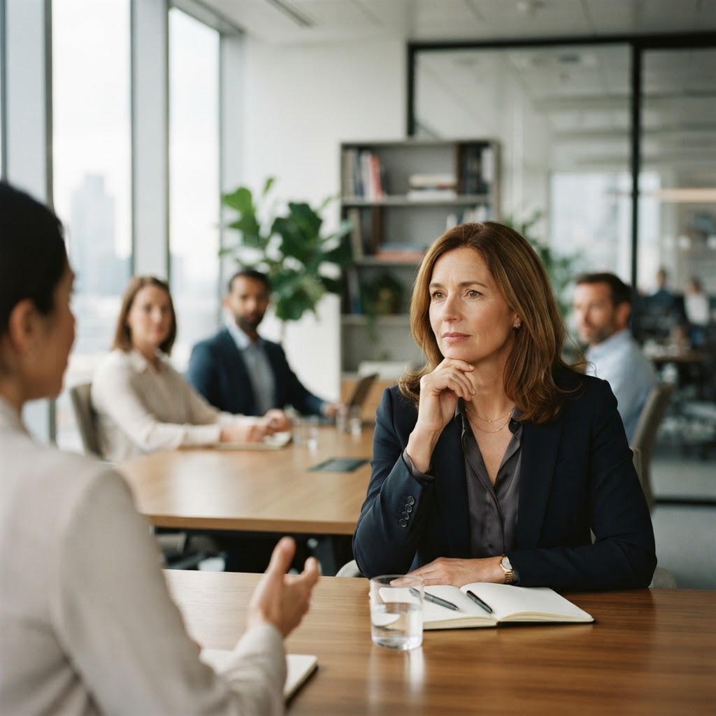 A senior leader in a thoughtful coaching conversation, listening with warmth and openness