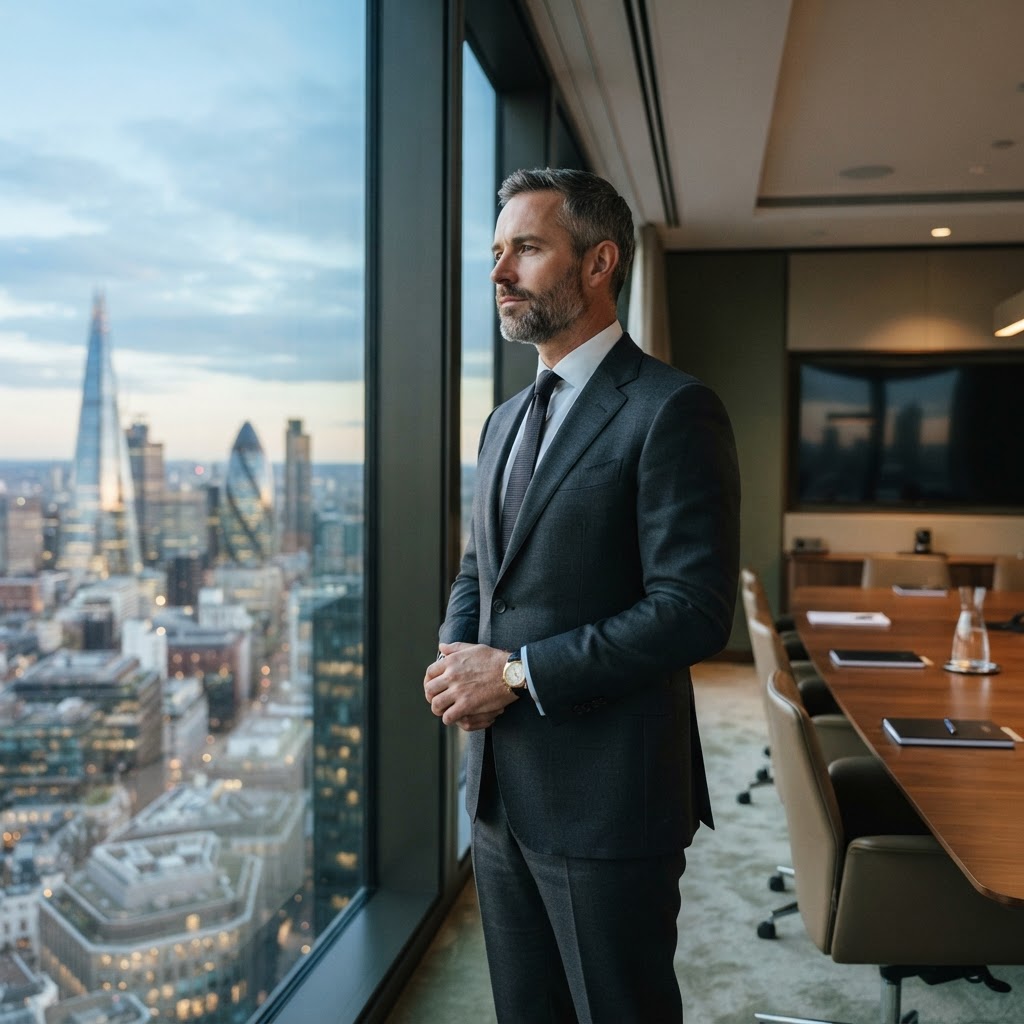 A composed executive pausing thoughtfully beside a boardroom window above the city