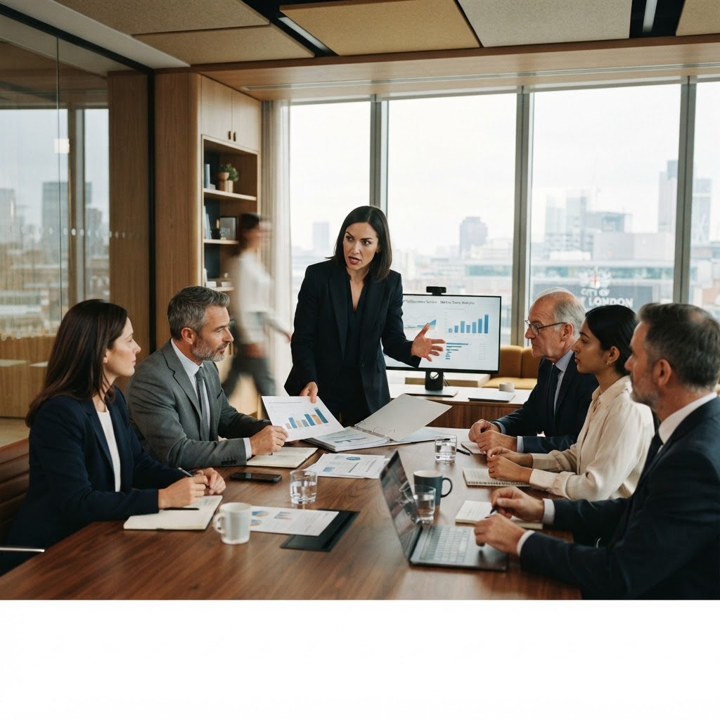 Executives working through a business challenge together around a boardroom table