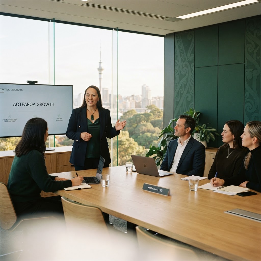 An executive leader presenting a vision to a leadership team in a bright boardroom