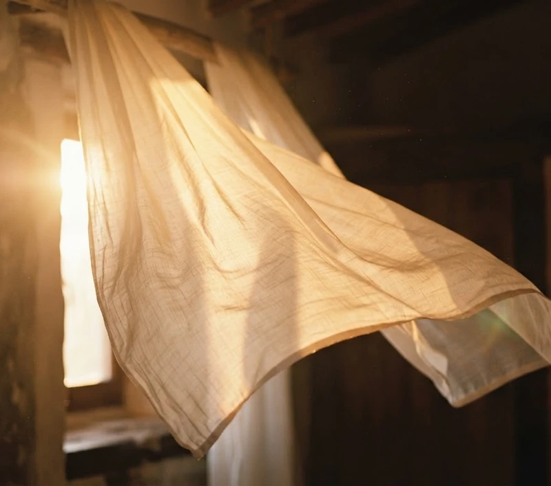 Golden light passing through sheer fabric at sunrise