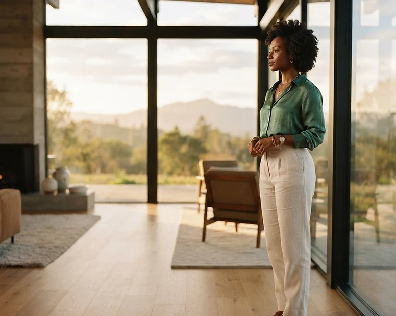 A confident woman in a sunlit modern home
