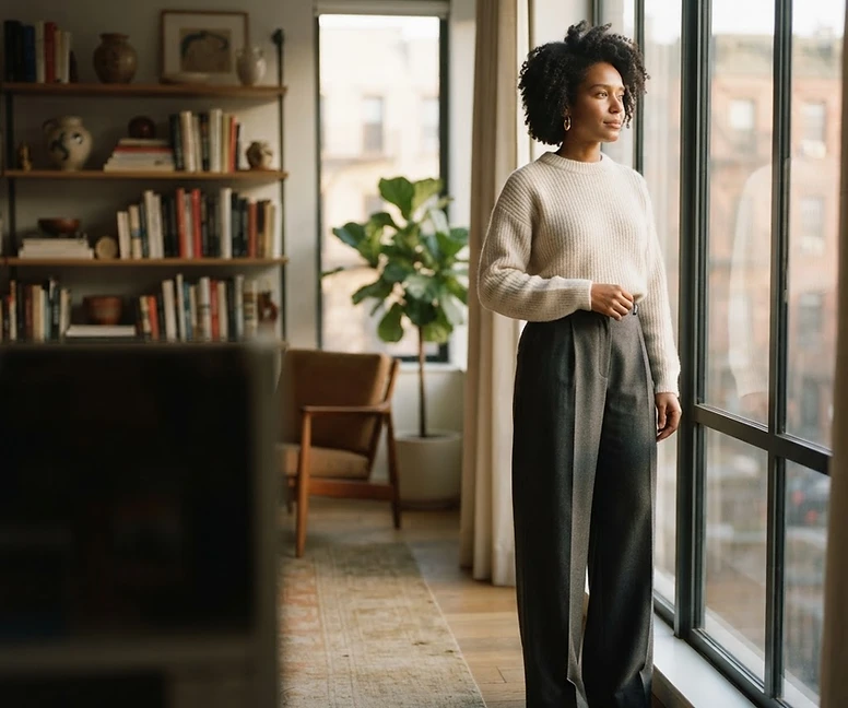 A woman in her home, soft morning light