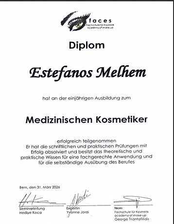 Diplom von Estefanos Melhem – einjährige Ausbildung zum Medizinischen Kosmetiker an der faces Fachschule für Kosmetik