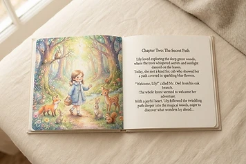 Open storybook spread with illustration and story text
