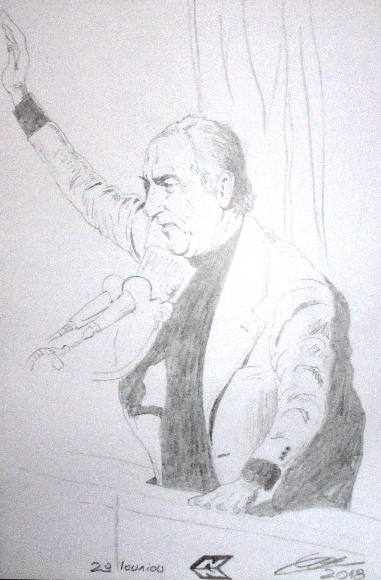 Artistic depiction of Andreas Papandreou during a 1974 campaign speech in Athens
