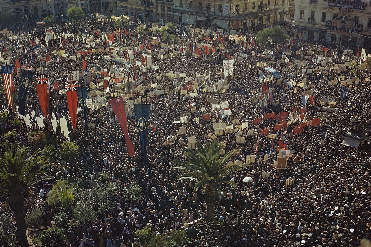 Crowd in Athens listens to Georgios Papandreou after Liberation, 18 October 1944