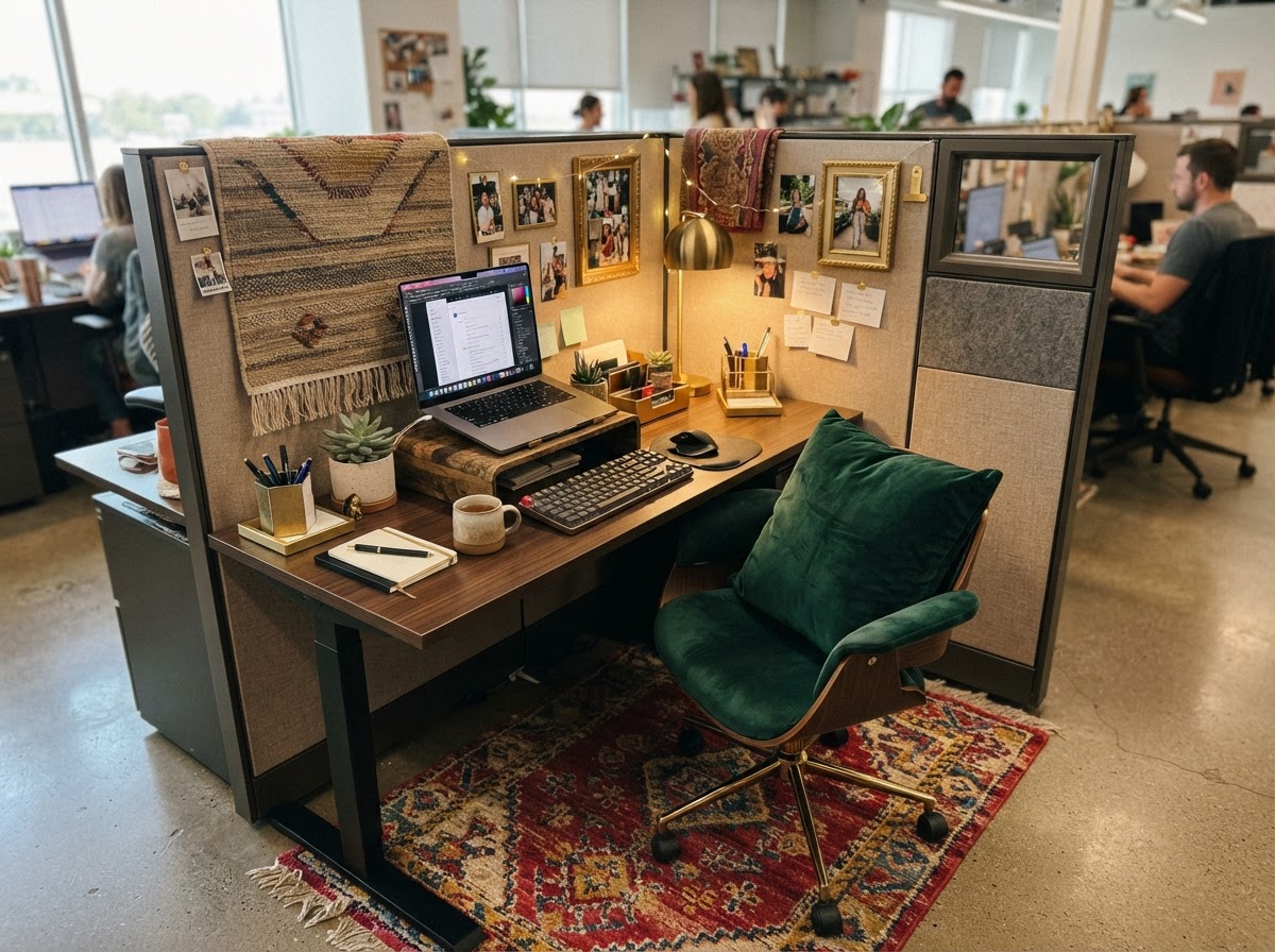 Cubicle with mixed textures including velvet cushion, metallic accents, and woven rug