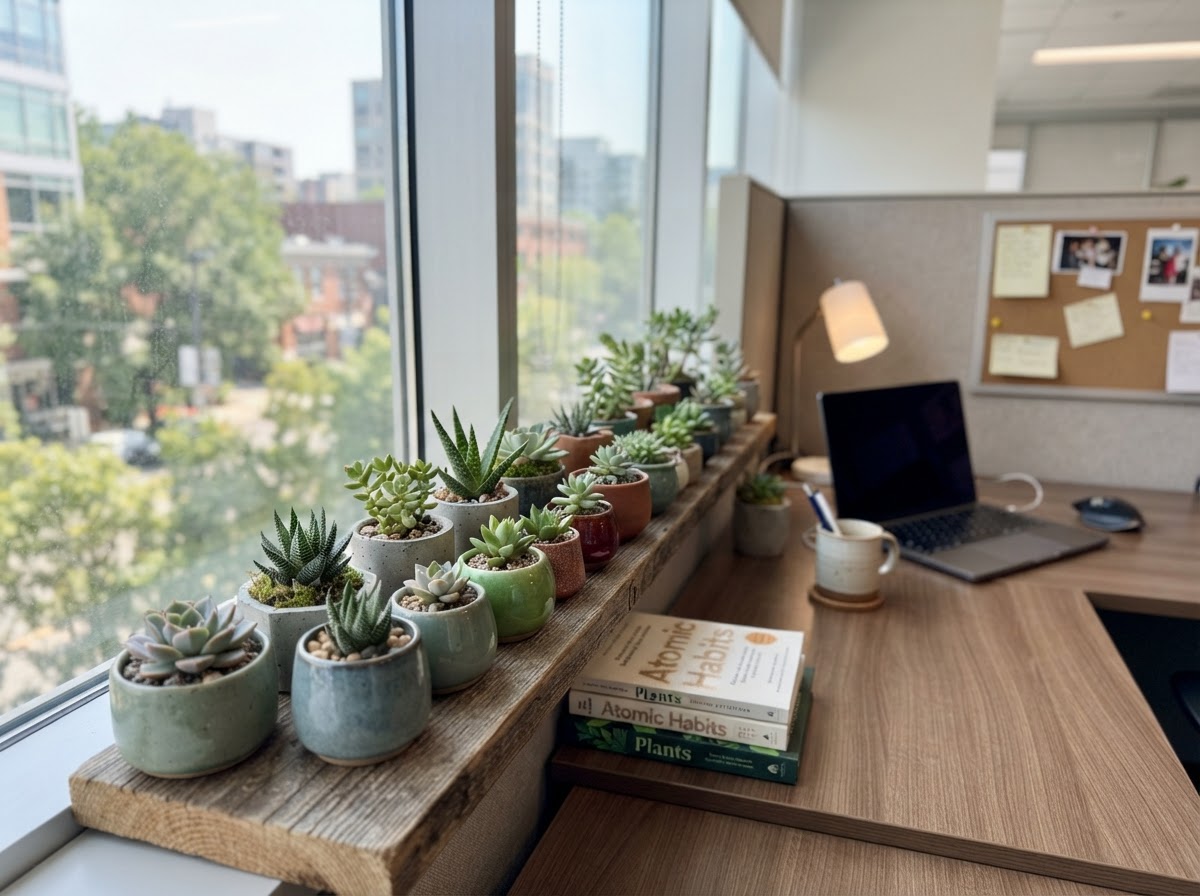 Collection of small succulents in various mini pots on a cubicle desk