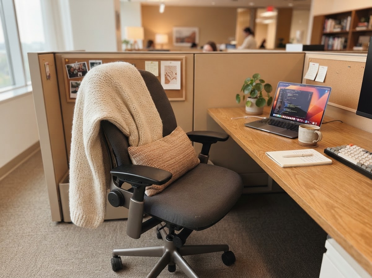 Cubicle office chair with a soft knit throw blanket draped over the back
