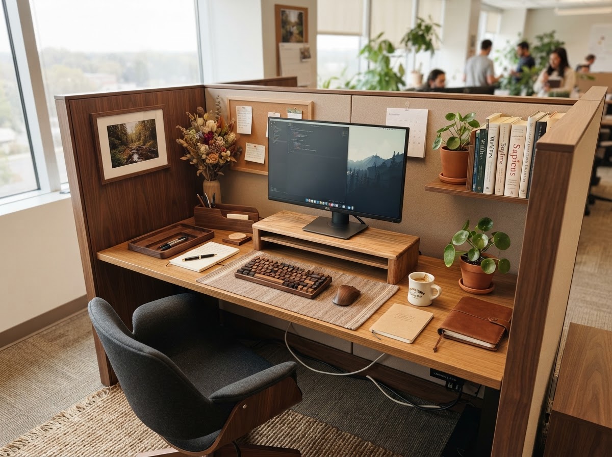 Cubicle with warm wood tones, natural wood accessories, and earthy palette
