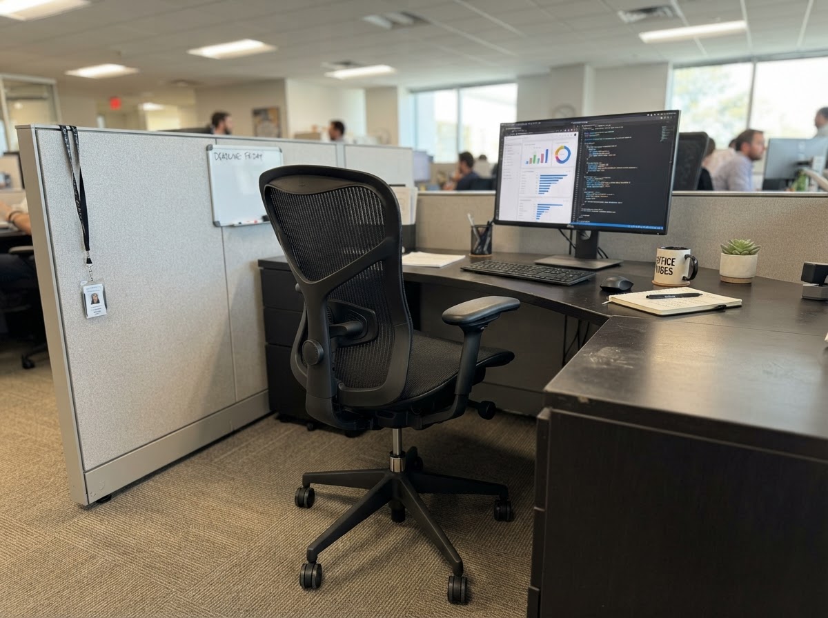 Modern ergonomic mesh office chair in a cubicle with adjustable features