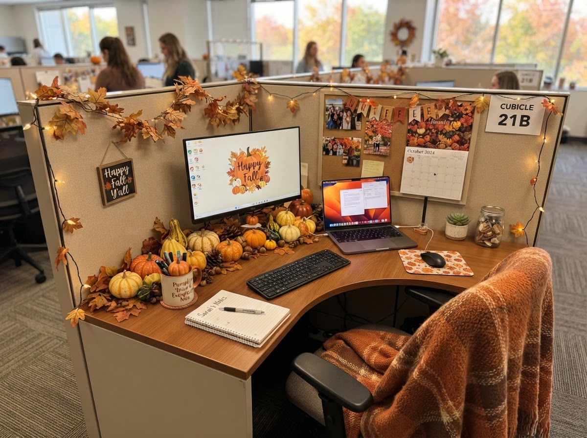Cubicle decorated for autumn with small pumpkins and warm orange accents