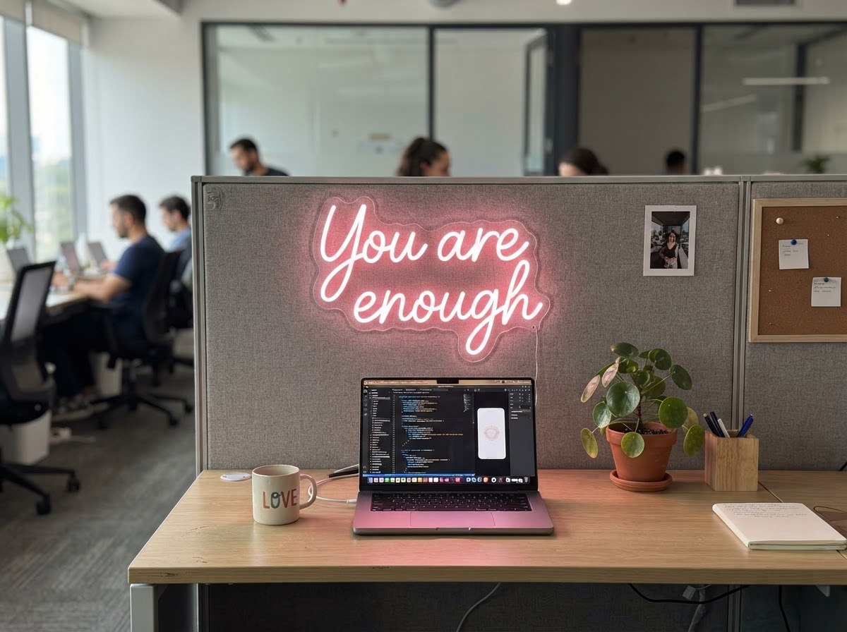 Pink neon sign reading You are enough on a cubicle wall
