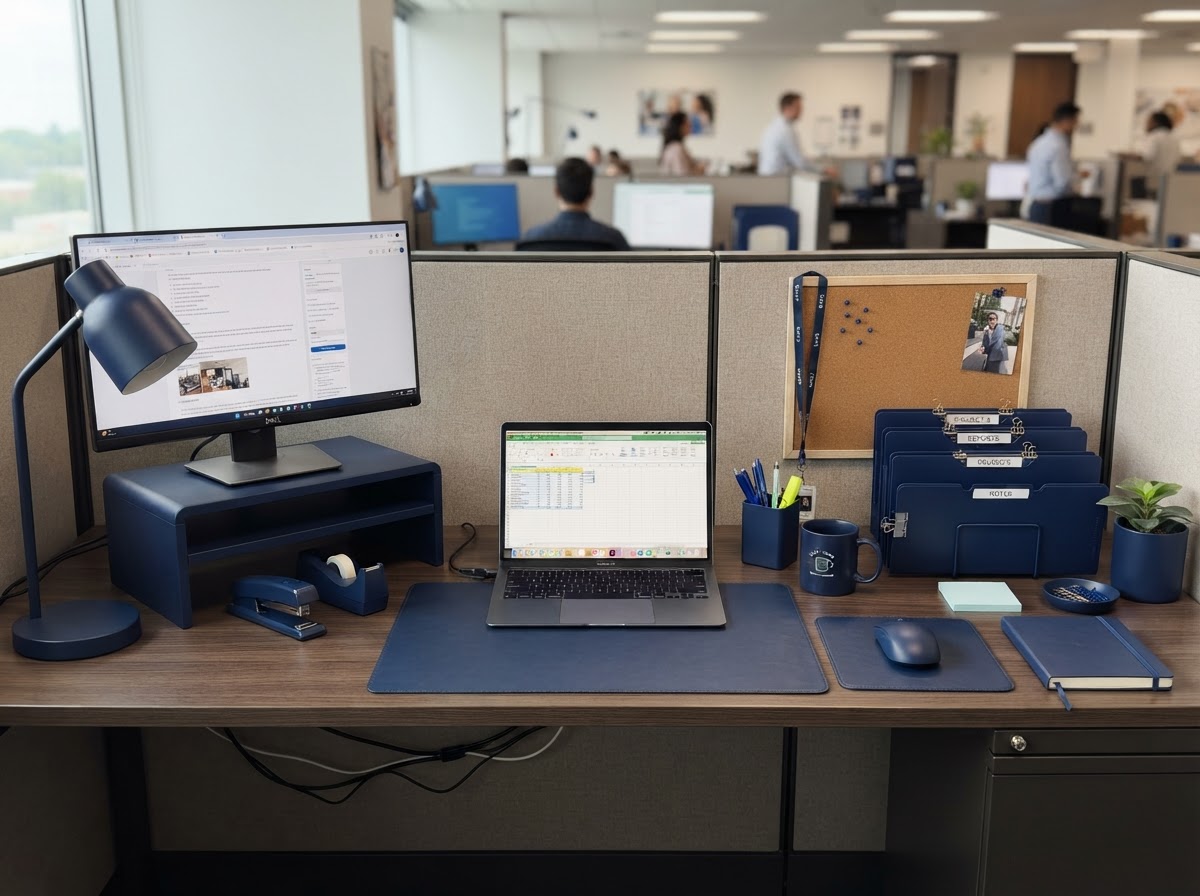 Color-coordinated office supplies in matching navy blue tones on a cubicle desk