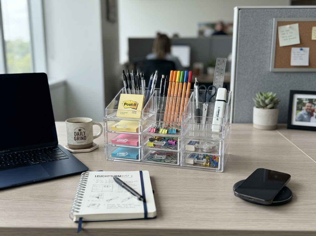 Clear acrylic tiered organizer with supplies on a cubicle desk