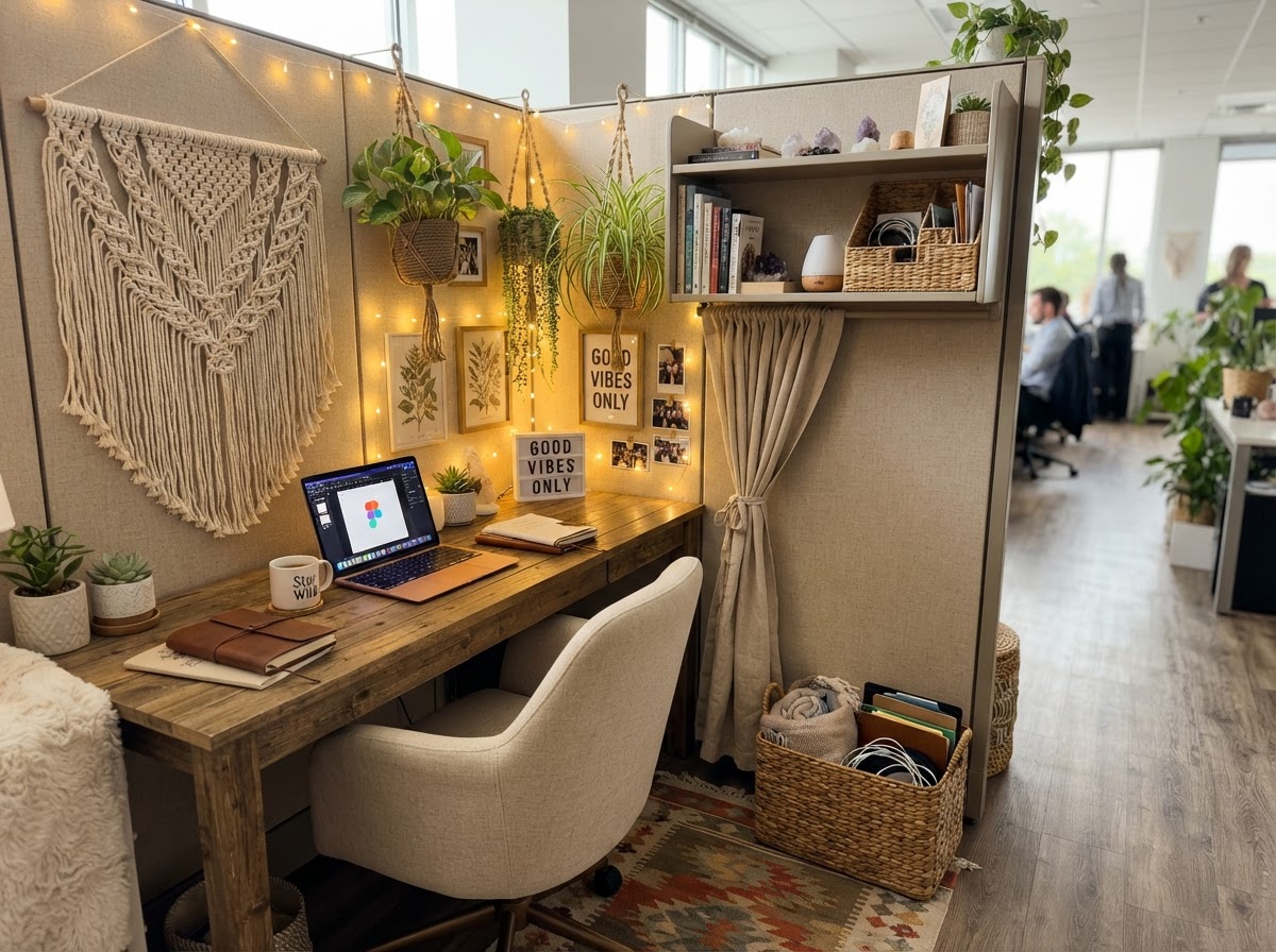 Boho cubicle with macramé wall hanging, plants, and fairy lights