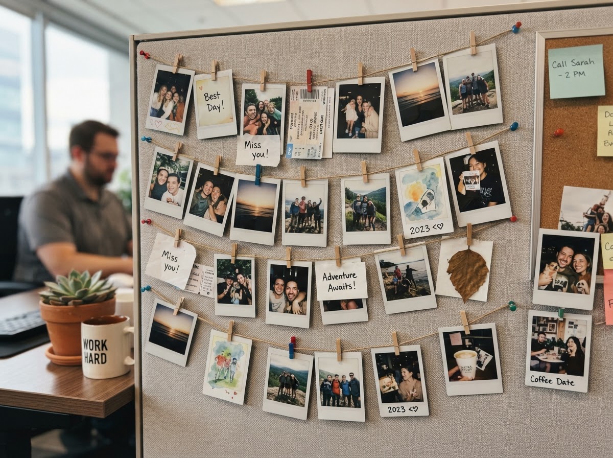 String photo display with twine and clips holding polaroid photos on a cubicle wall