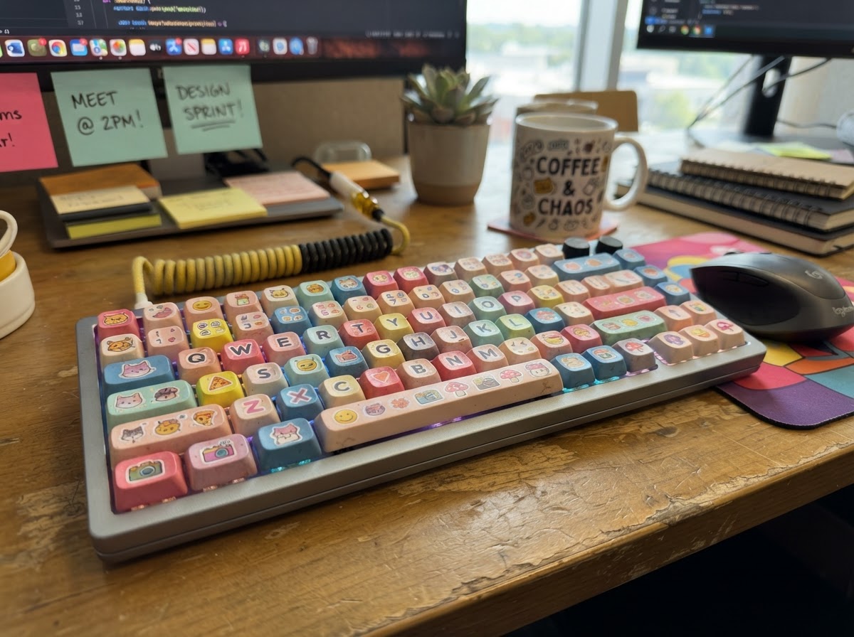 Mechanical keyboard with colorful keyboard stickers on each key