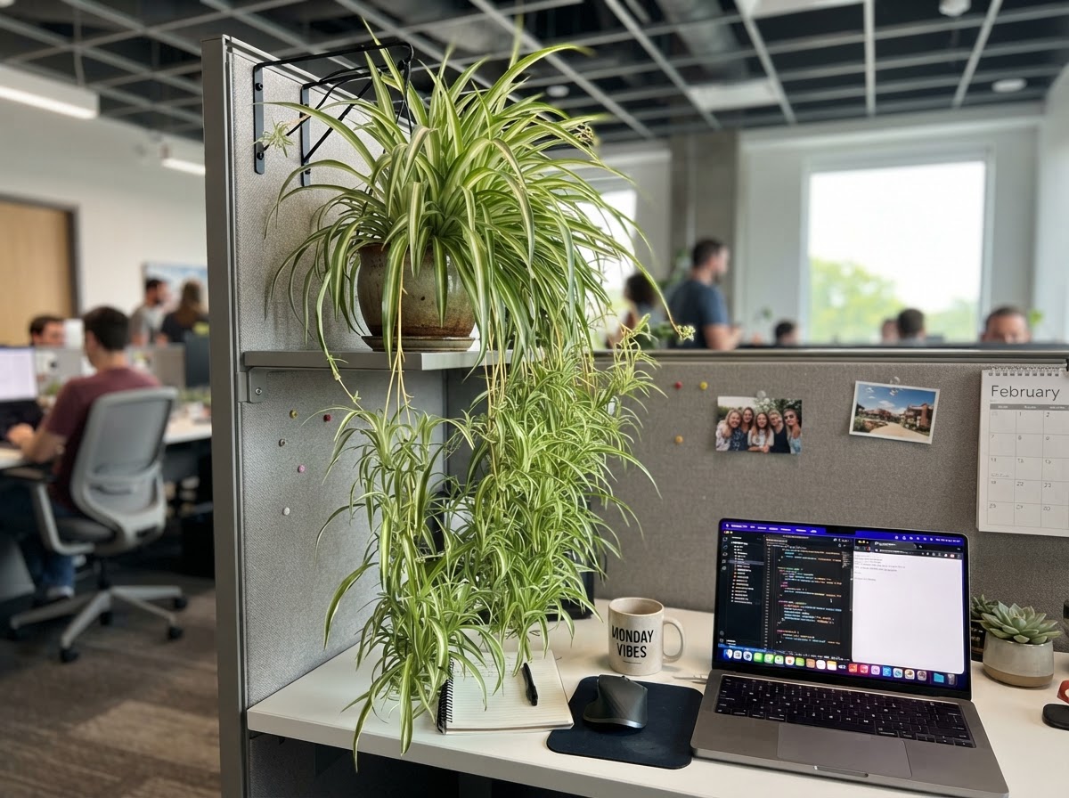 Spider plant hanging from a cubicle shelf with long trailing leaves