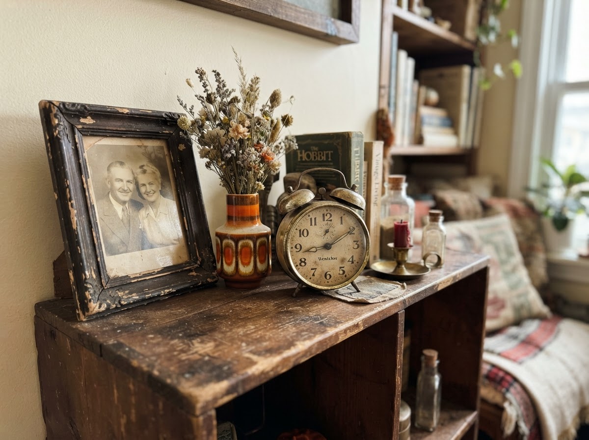 Vintage thrift store decor pieces arranged on a cubicle shelf