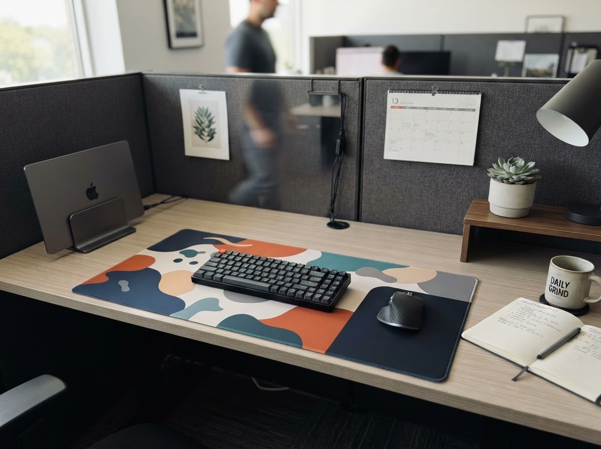 Large modern desk mat with abstract pattern under keyboard and mouse