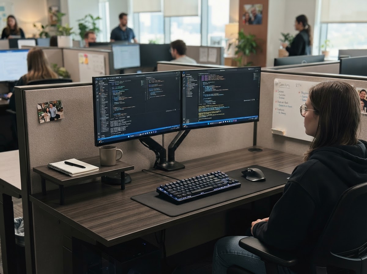 Modern dual-monitor cubicle setup with mechanical keyboard and RGB lighting