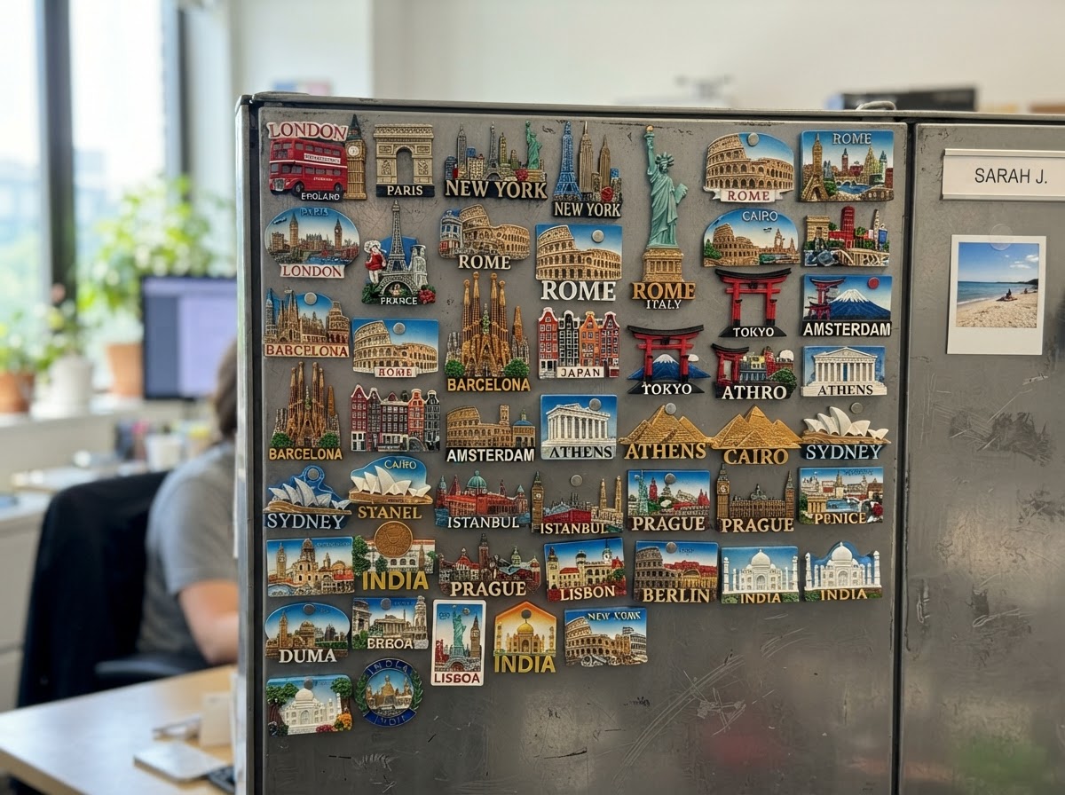 Decorative souvenir magnets from travels displayed on a metal cubicle wall