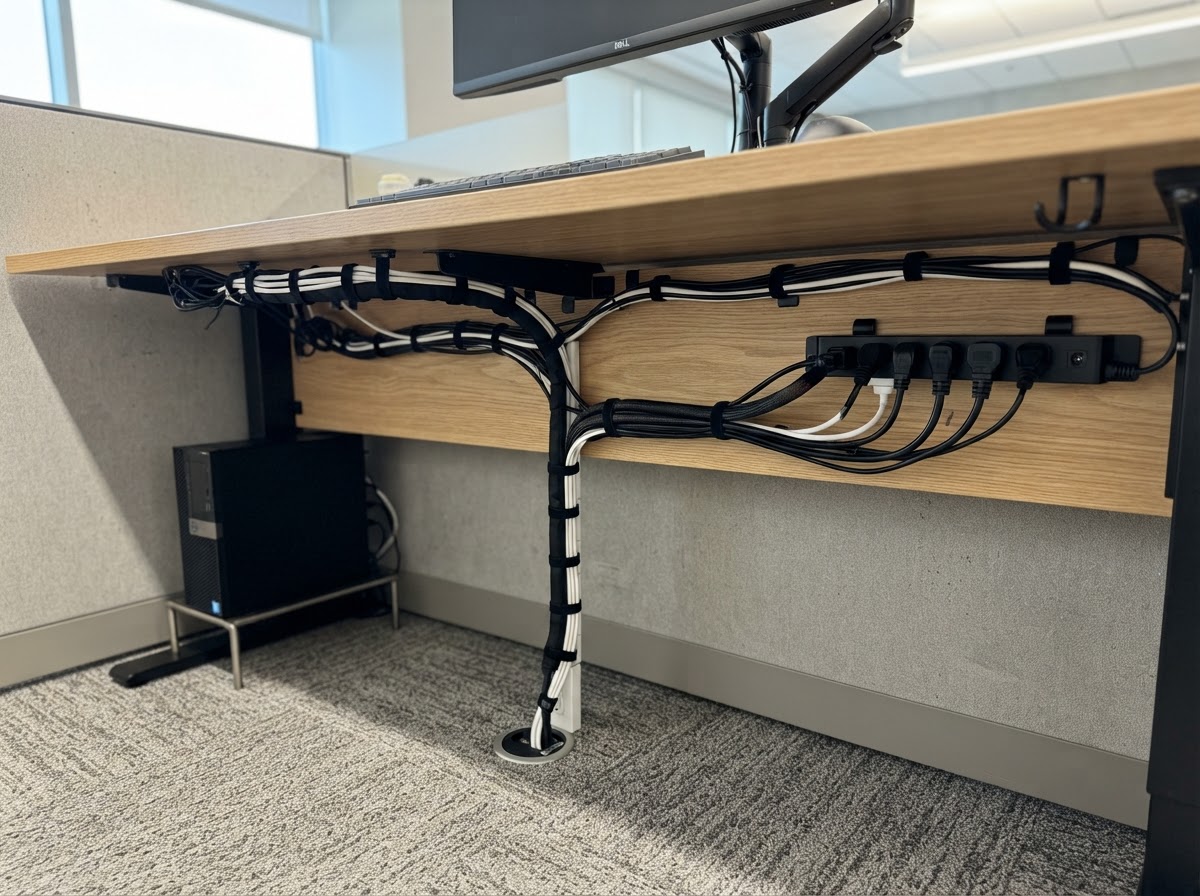 Clean cable management setup with organized cords under a cubicle desk
