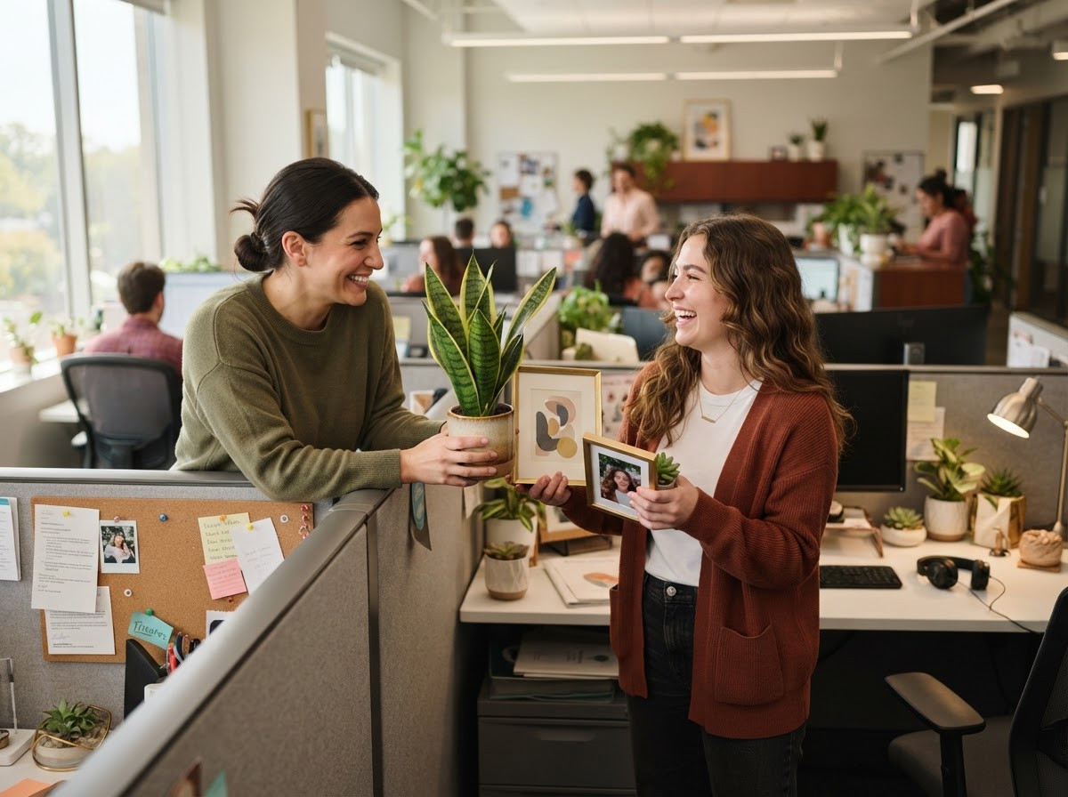Two coworkers exchanging decor items between their cubicles