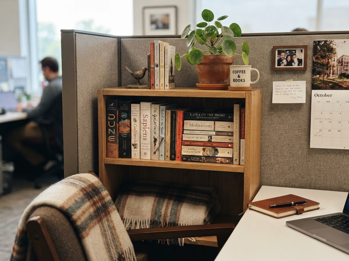 Small bookshelf in a cubicle with favorite books and a reading nook feel