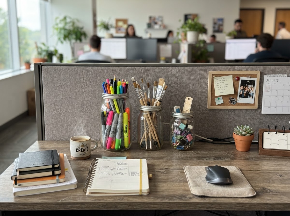 Mason jars filled with pens and supplies arranged on a cubicle desk