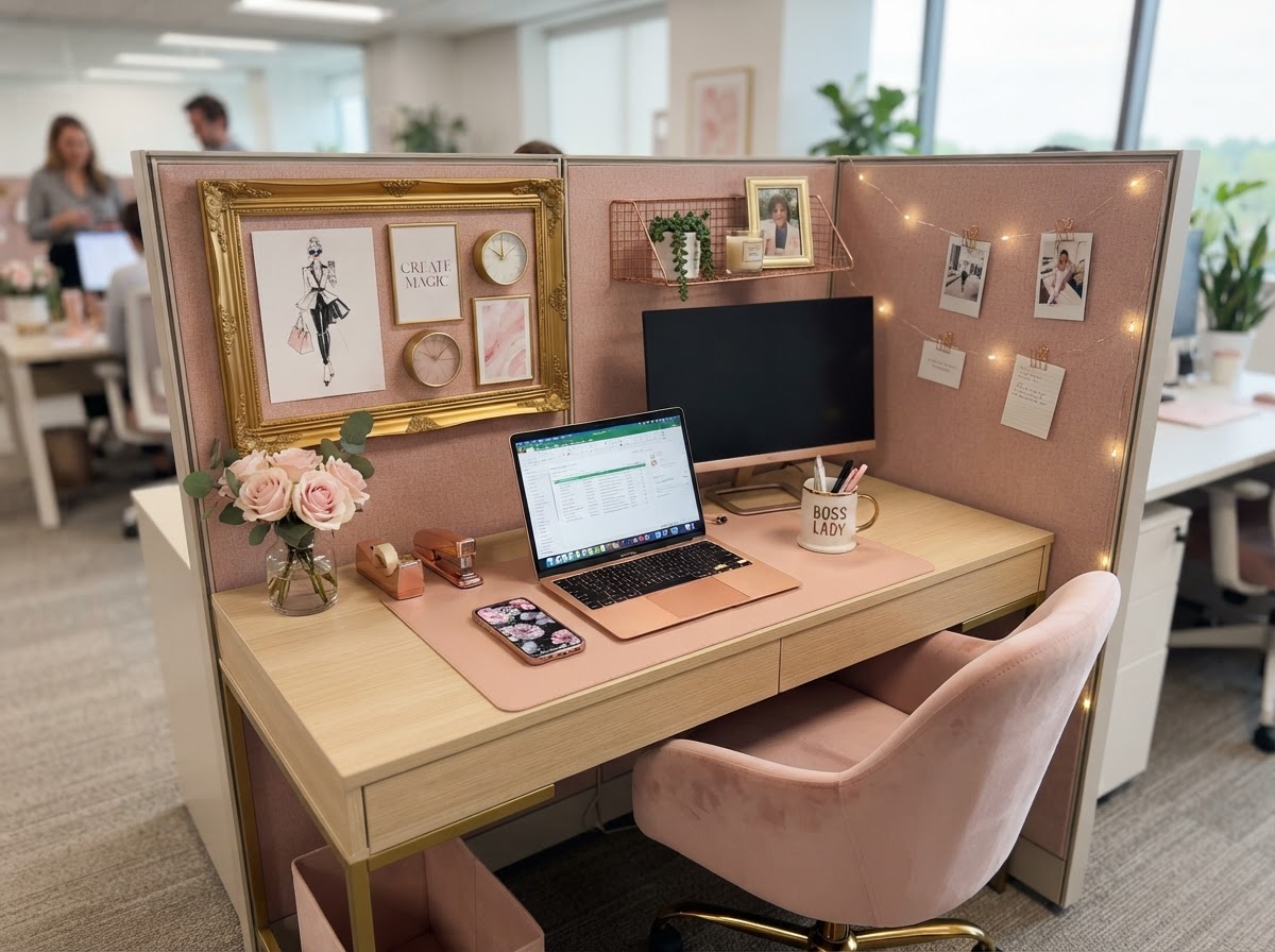 Elegant pink and gold coordinated cubicle with rose gold accessories