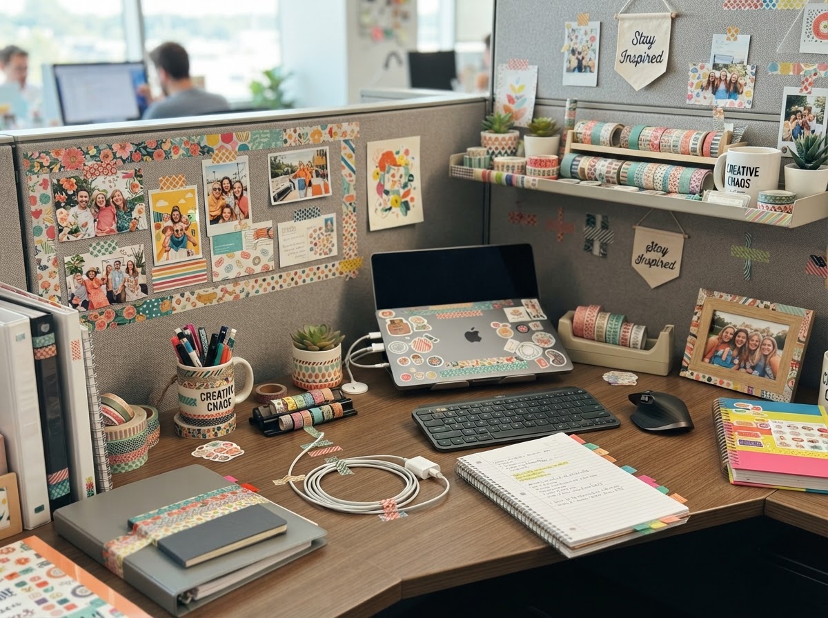 Washi tape in colorful patterns decorating desk accessories and cable organizers