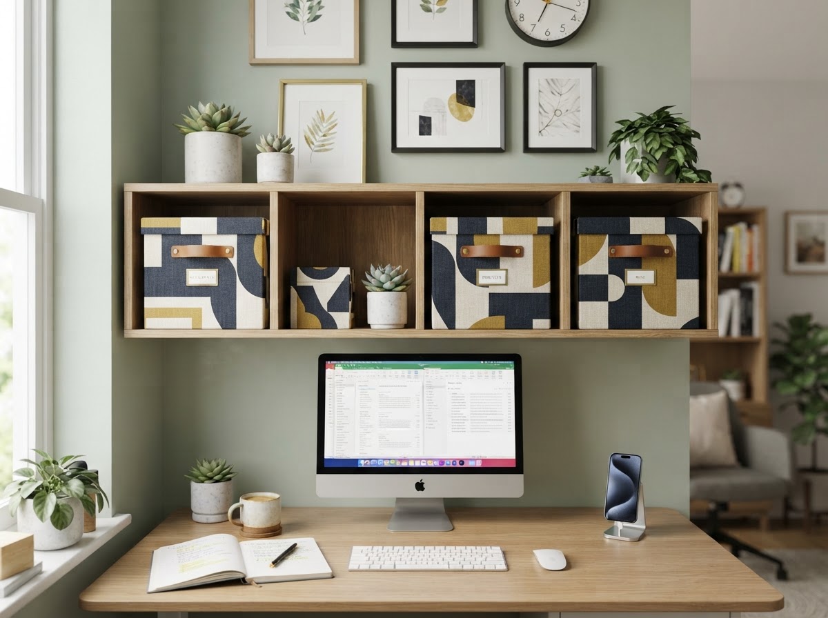 Decorative storage boxes in matching patterns on a cubicle shelf