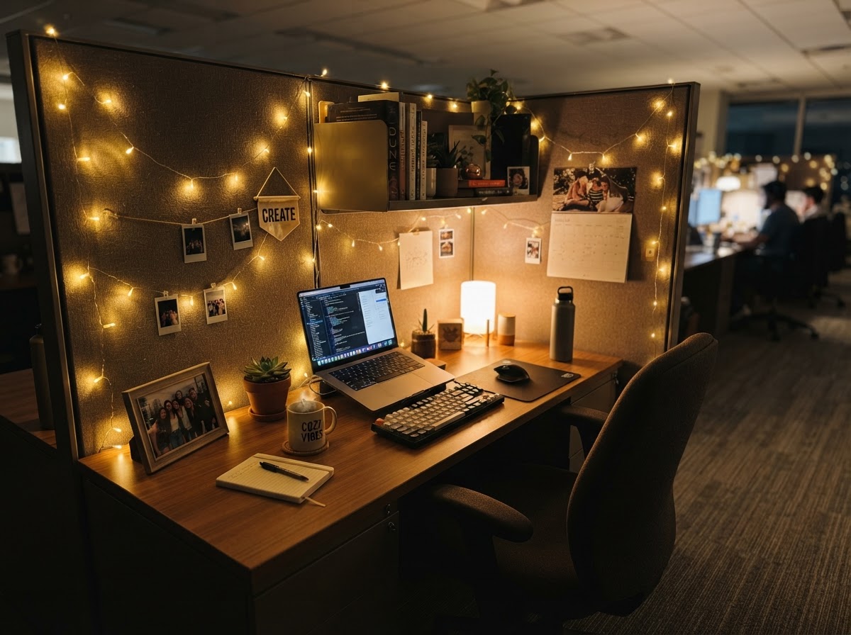 Cozy cubicle with warm fairy string lights draped along the walls