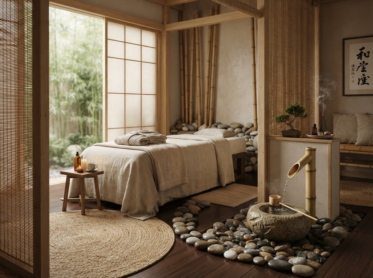 Zen spa-inspired cubicle with bamboo accents, smooth stones, and calm neutral palette