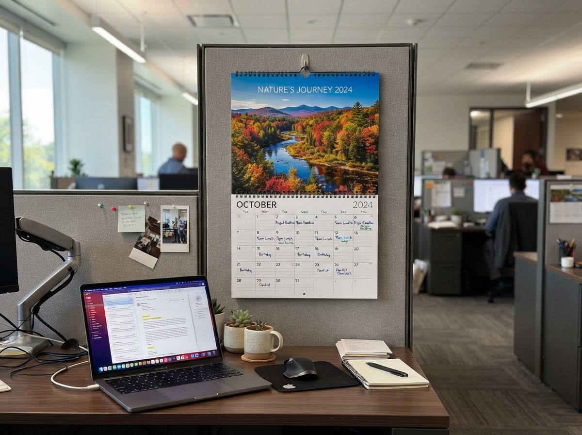 Large wall calendar with beautiful seasonal photography in a cubicle