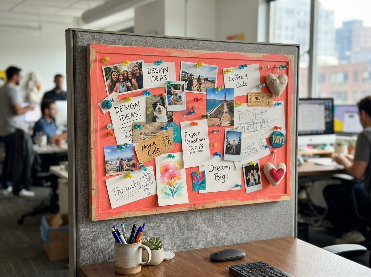 DIY painted corkboard in bright coral color with colorful push pins