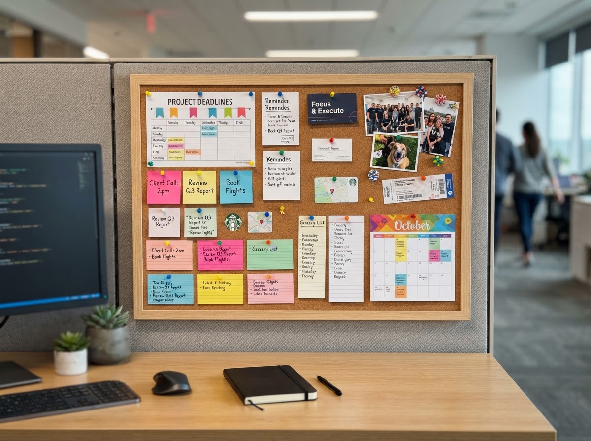 Bulletin board with colorful push pins holding organized notes in a cubicle
