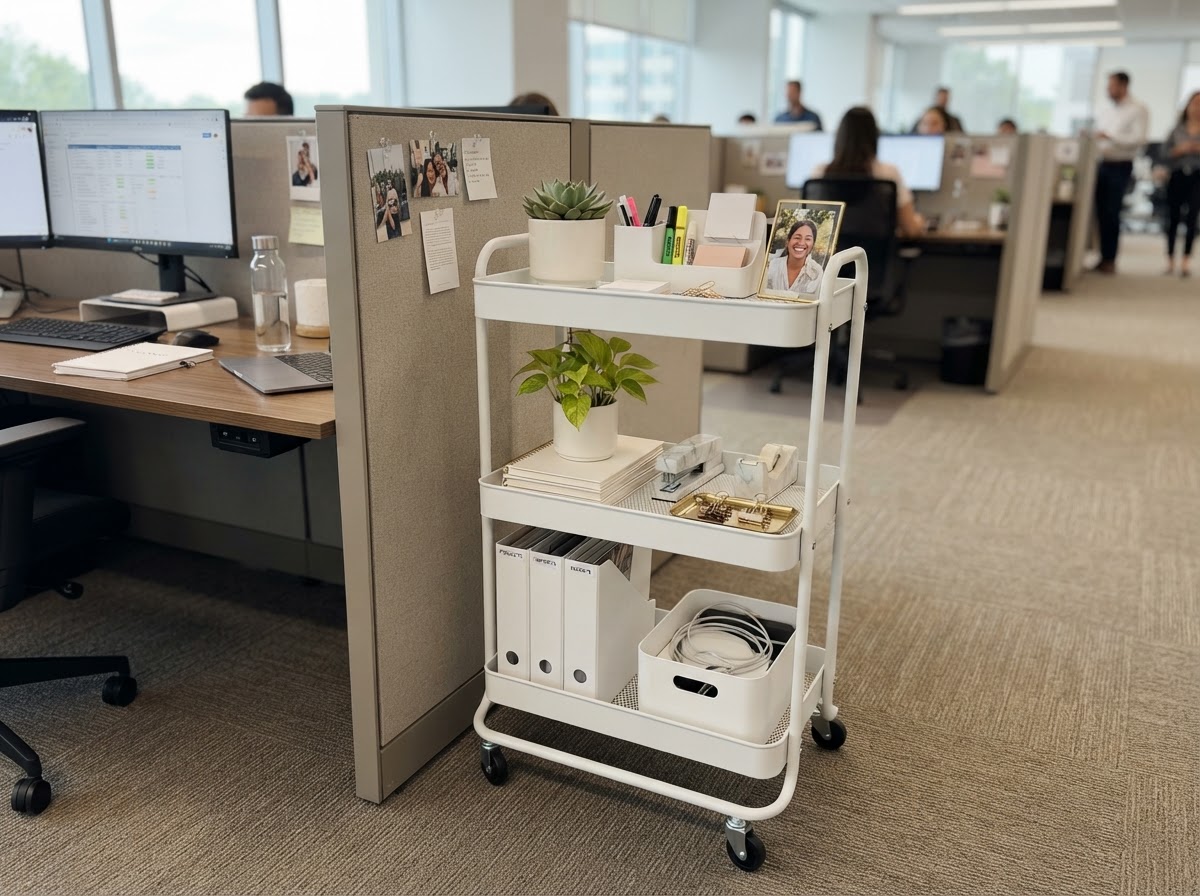 Three-tier rolling cart with organized office supplies next to a cubicle desk