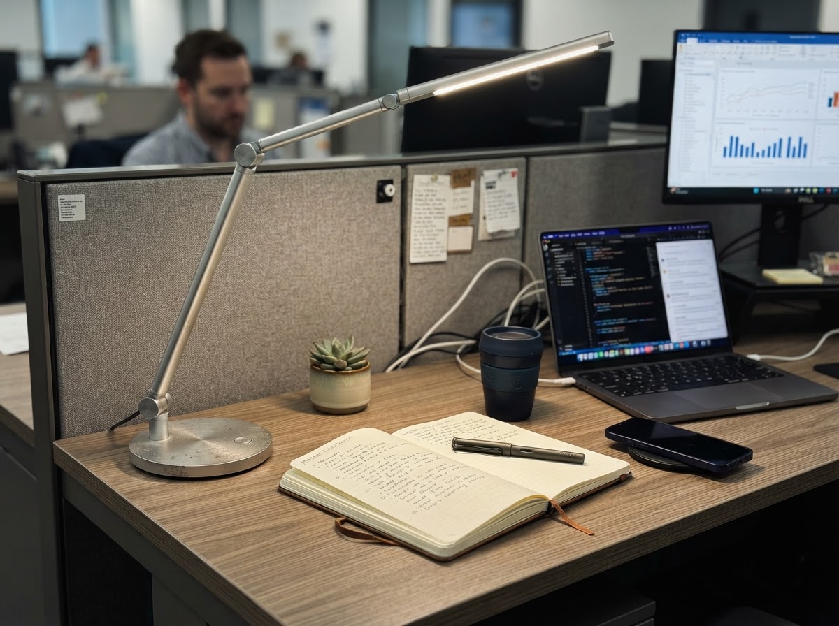 Modern LED desk lamp with adjustable arm providing task lighting