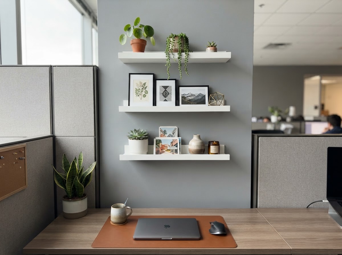 Wall-mounted floating shelves with plants and decor in a cubicle