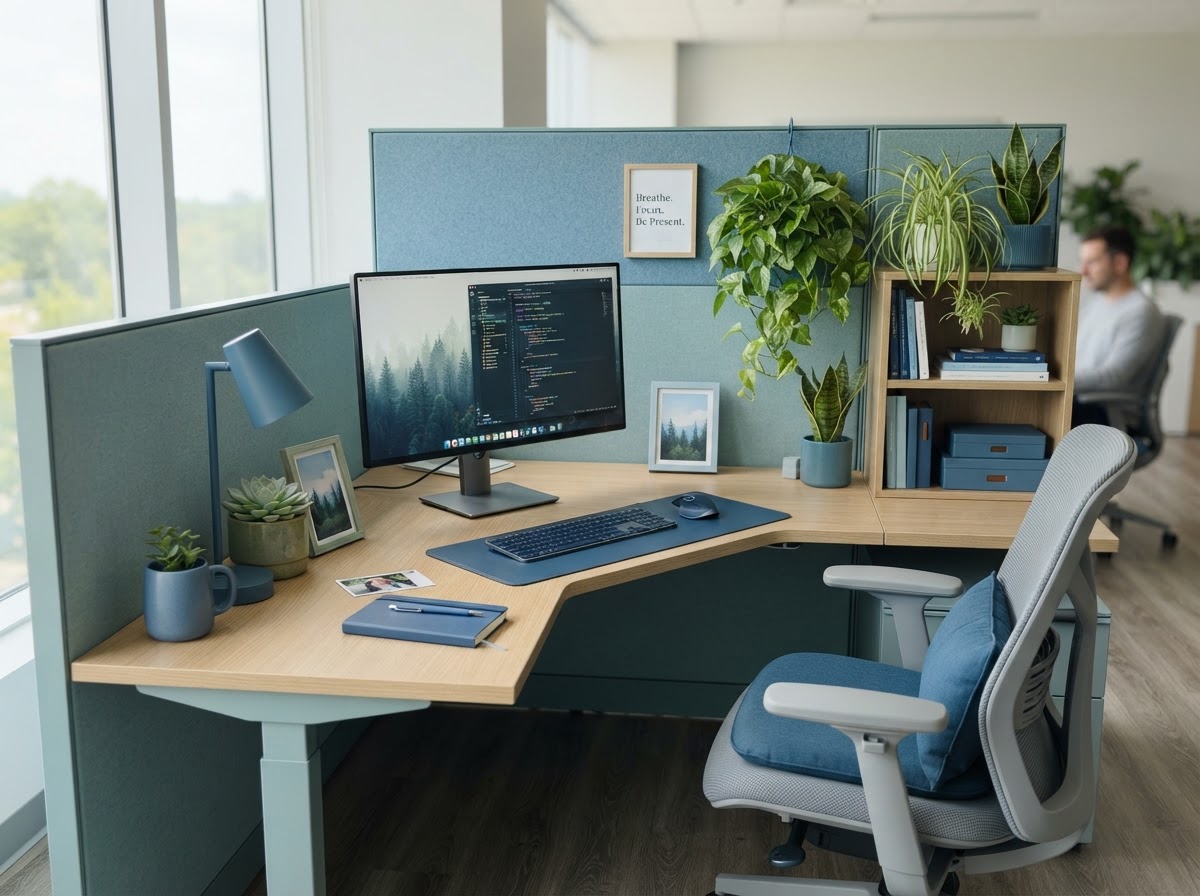 Calming cubicle with blue and green color scheme promoting tranquility