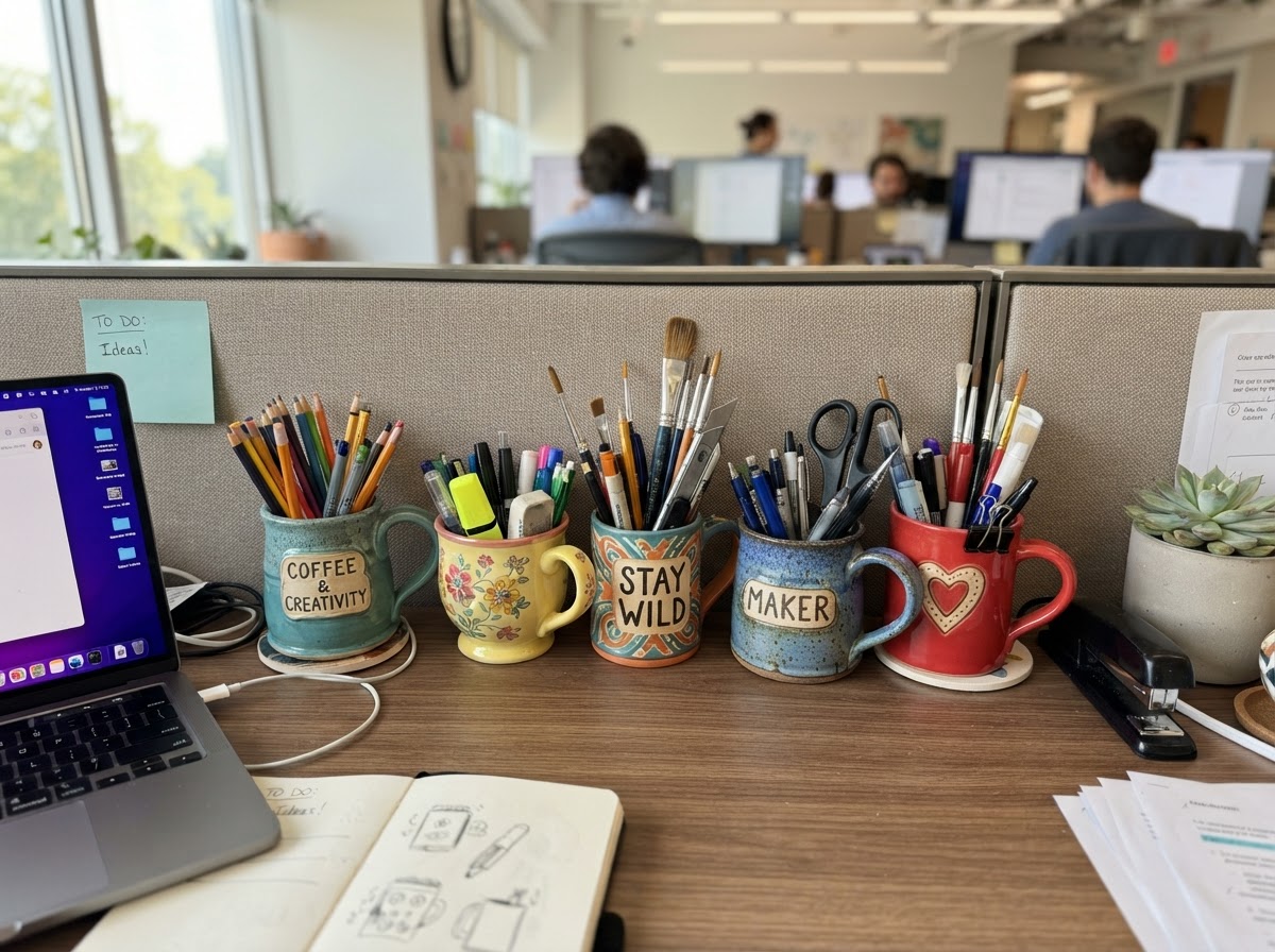 Repurposed ceramic mugs used as pencil holders on a cubicle desk