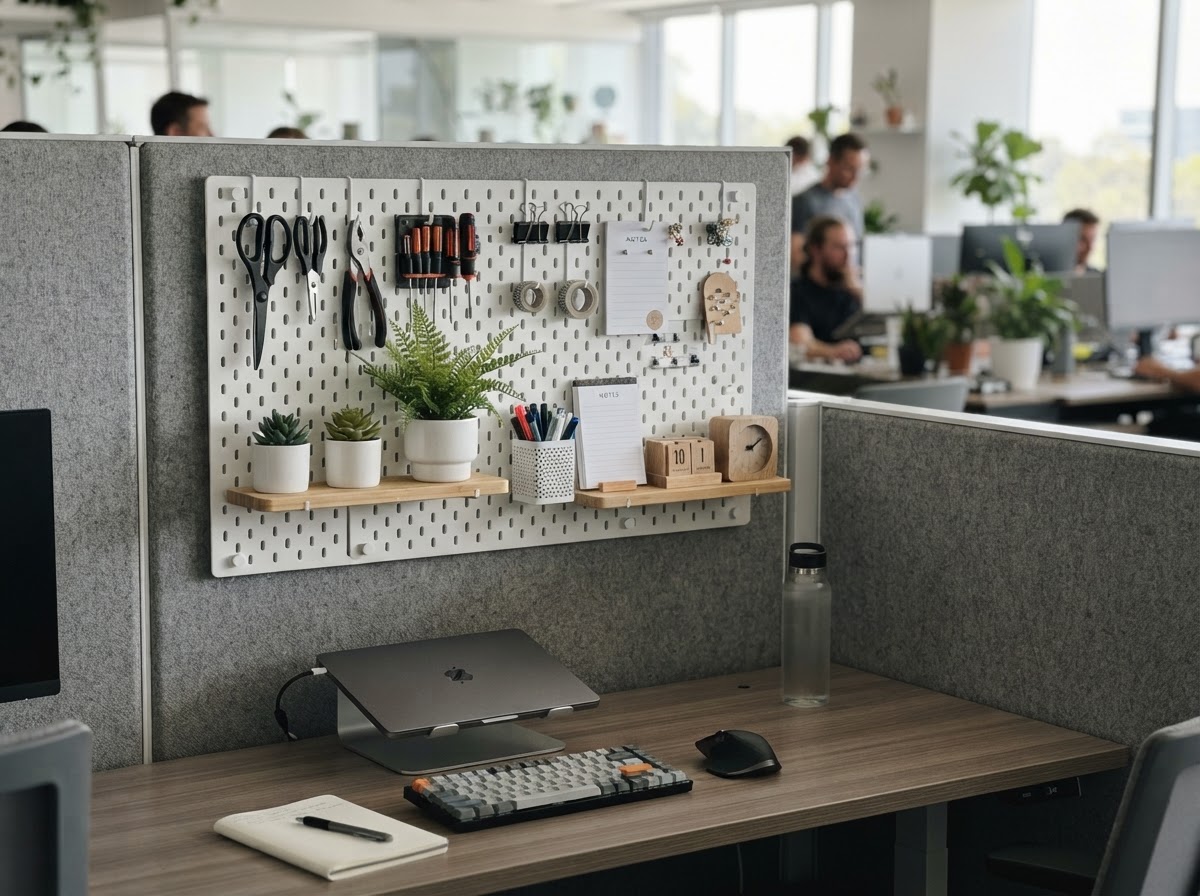 White pegboard wall organizer above a cubicle desk with tools and supplies