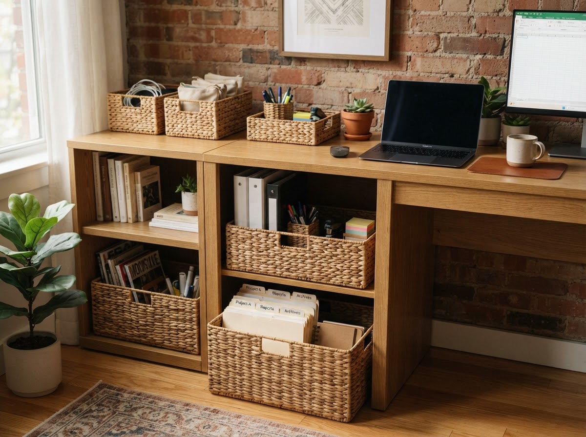 Wicker baskets used for storage under a cubicle desk and on shelves