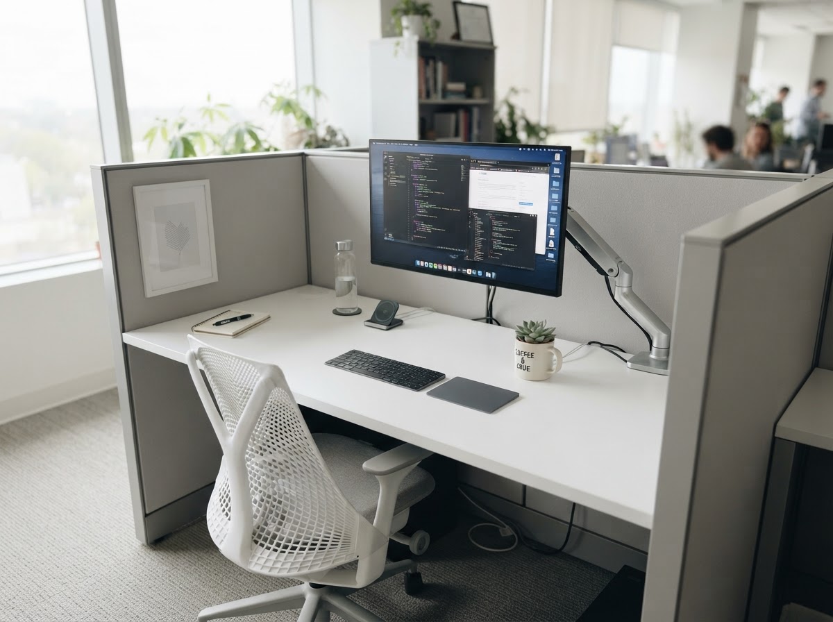 Minimalist white cubicle desk with clean lines and neutral palette